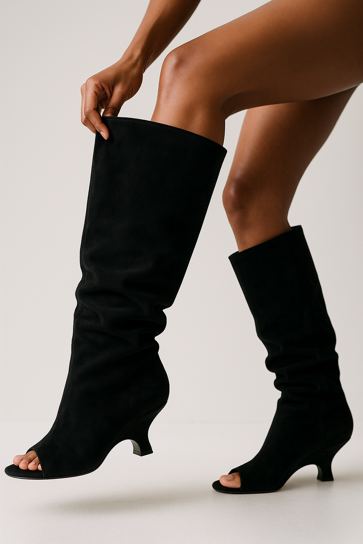 Maison Peep-Toe Knee-High Boots | Faux Suede | Sculpted Heel