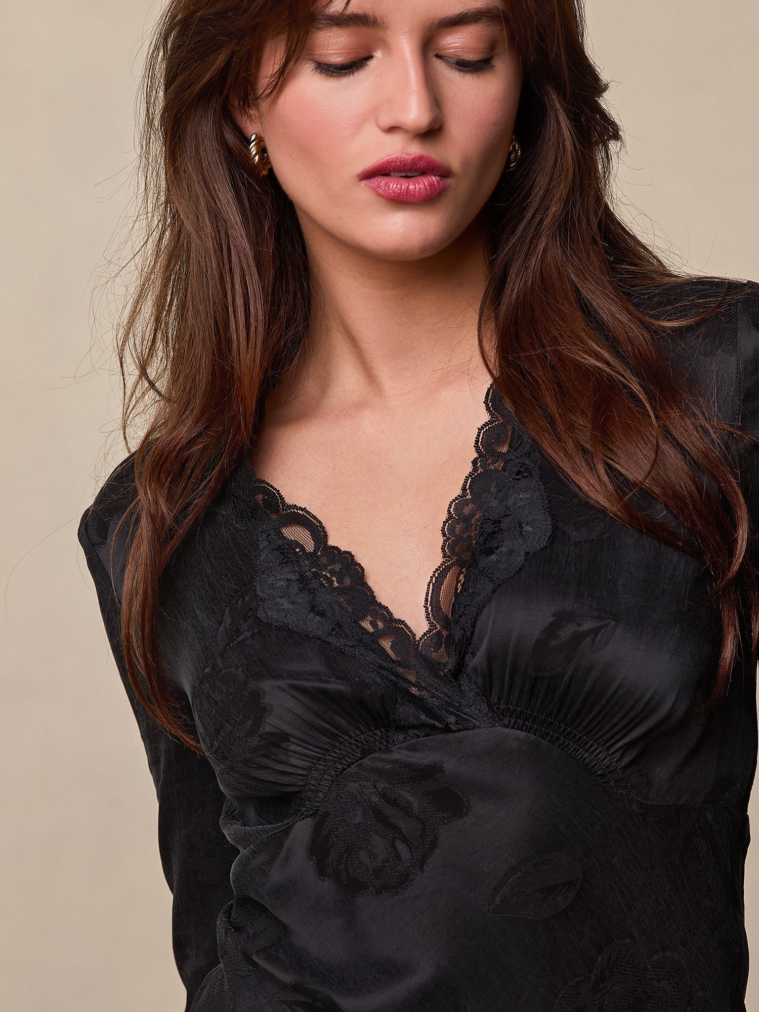 Satin Mini Dress | Lace V-Neck | Long Sleeves