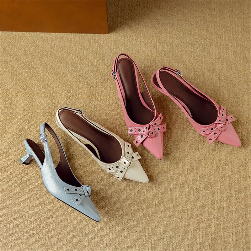 Pointed Toe Slingback Heels | Genuine Leather | Bow Detail