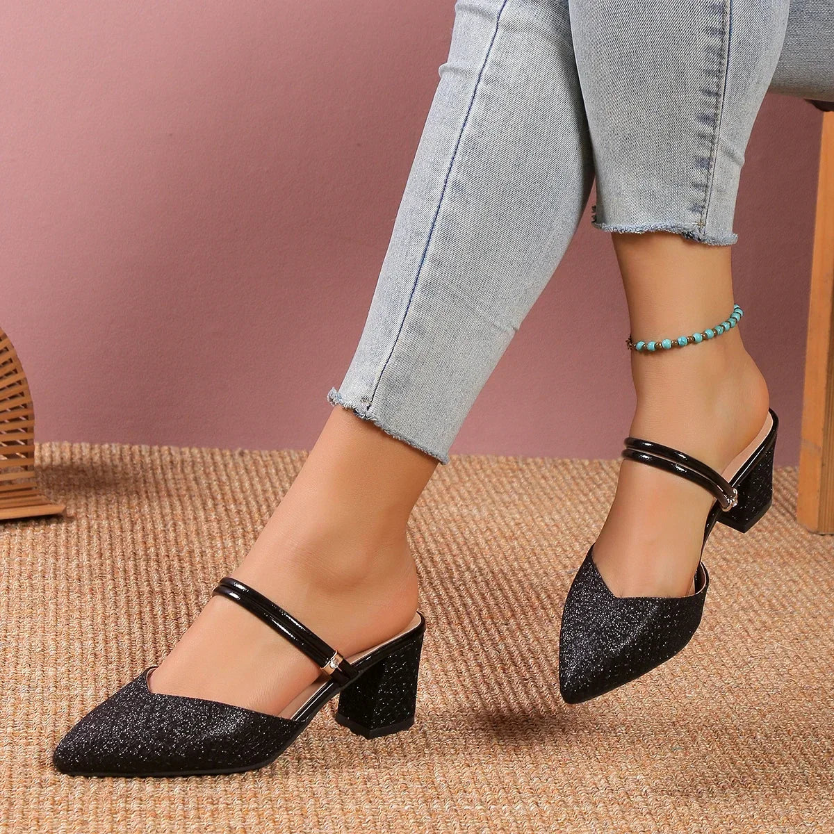 Vienna Block Heels | Shimmer Finish | Pointed Toe