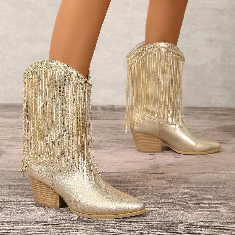 Étoile Fringe Mid-Calf Western Boots | Pointed Toe | Block Heel