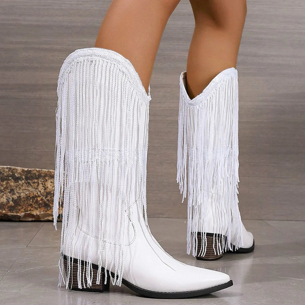 Étoile Fringe Mid-Calf Western Boots | Pointed Toe | Block Heel