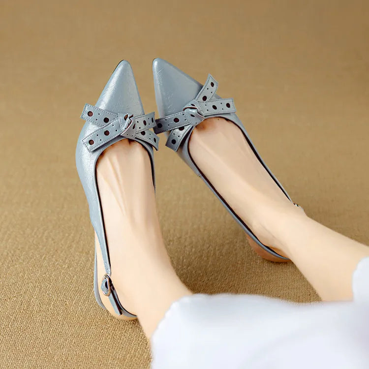 Pointed Toe Slingback Heels | Genuine Leather | Bow Detail