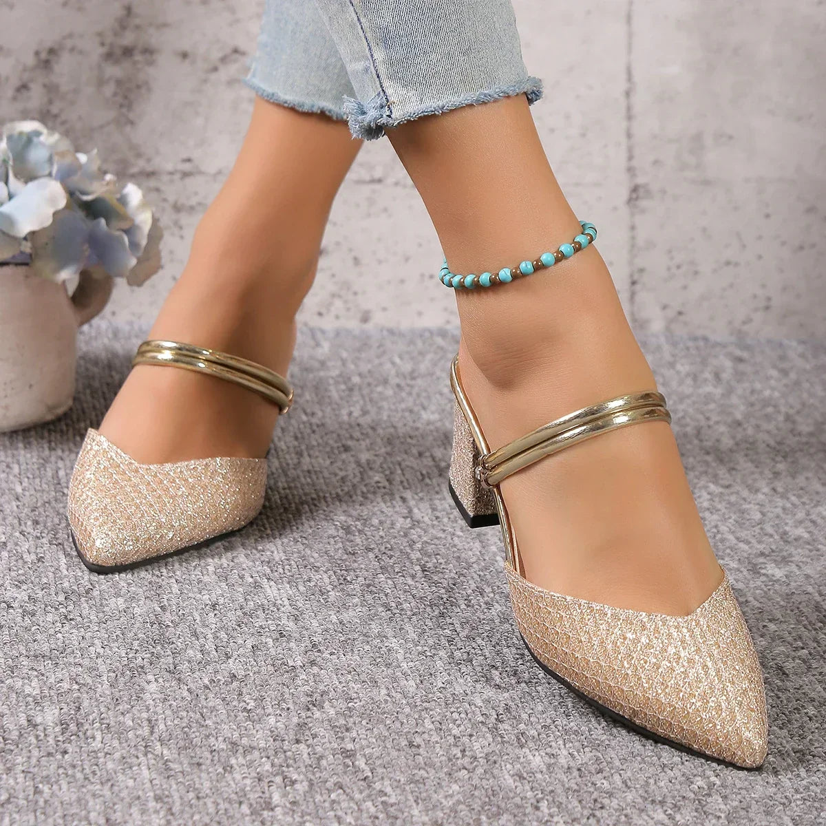 Vienna Block Heels | Shimmer Finish | Pointed Toe