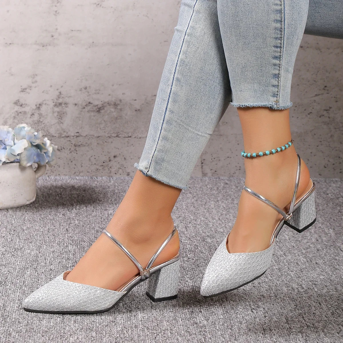 Vienna Block Heels | Shimmer Finish | Pointed Toe