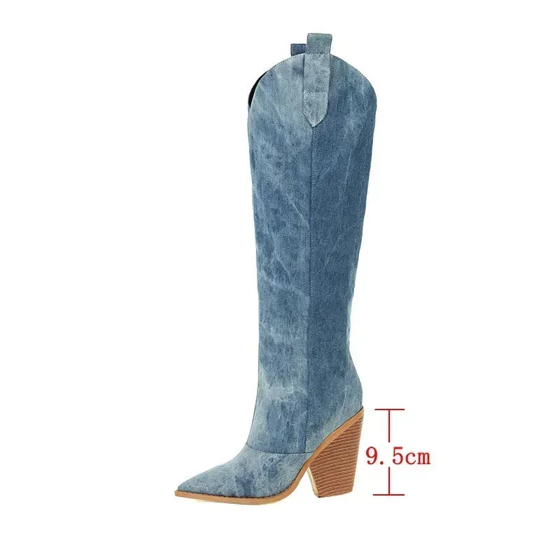 Denim Knee-High Boots | Pointed Toe | Western Block Heel Design