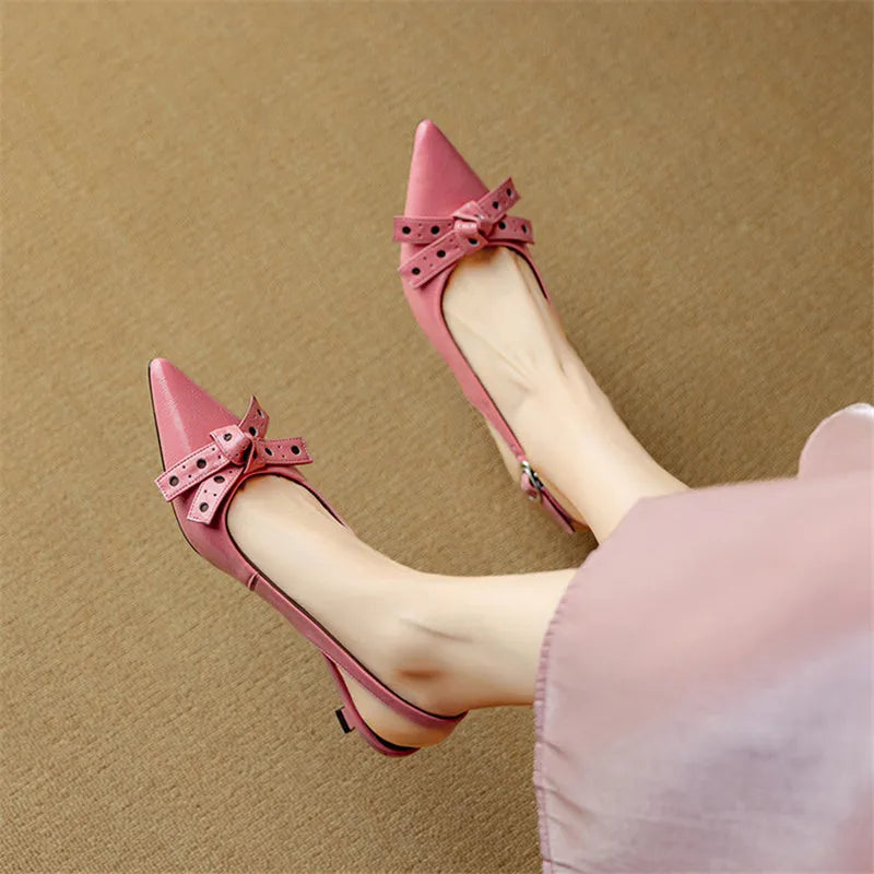 Pointed Toe Slingback Heels | Genuine Leather | Bow Detail