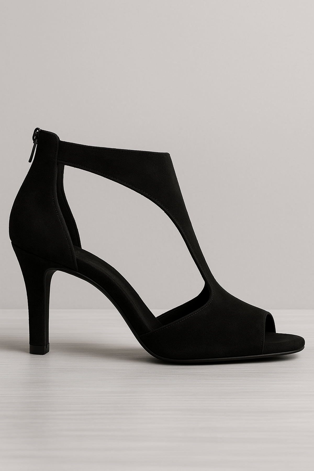 Suede Peep Toe Sandals | Mid Heel | Back Zip