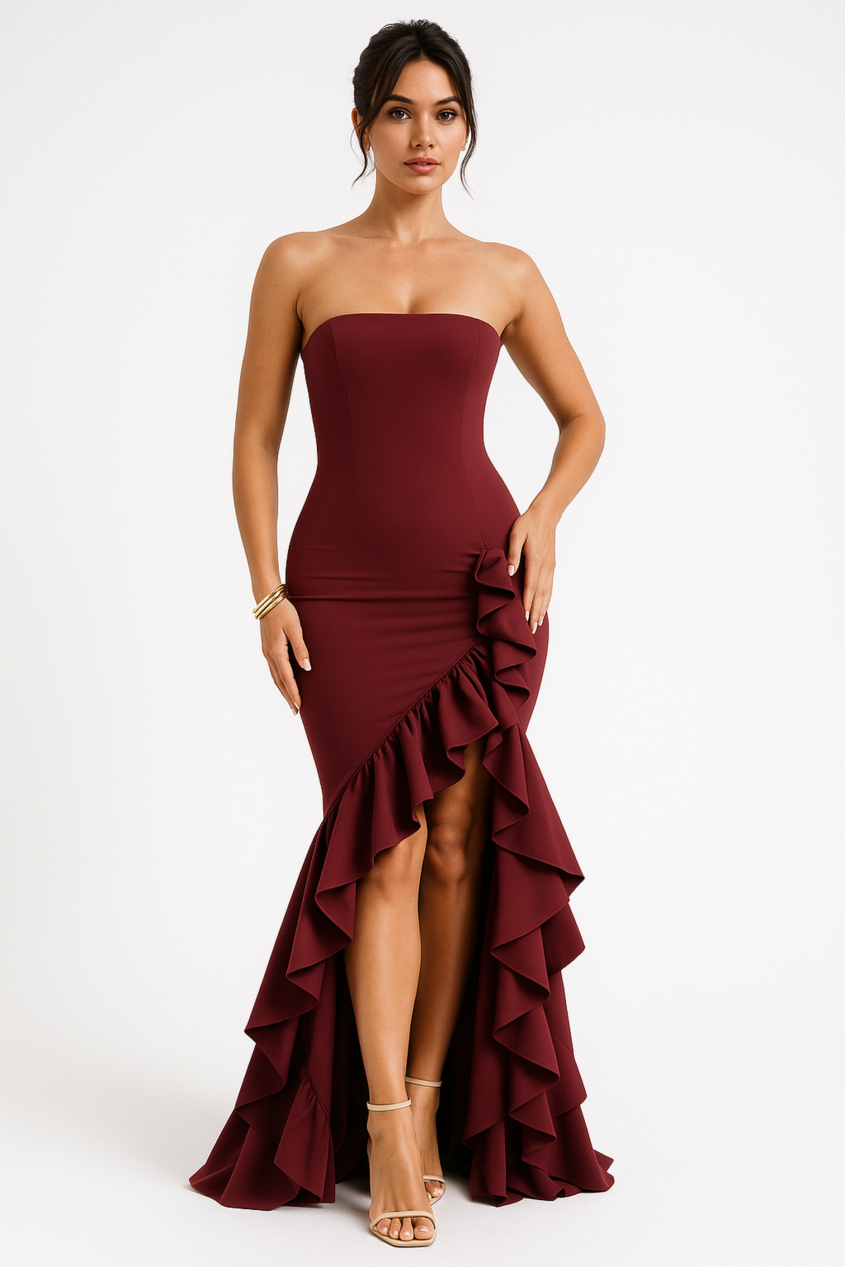 Strapless Ruffle Maxi Dress | High Slit and Bodycon Fit