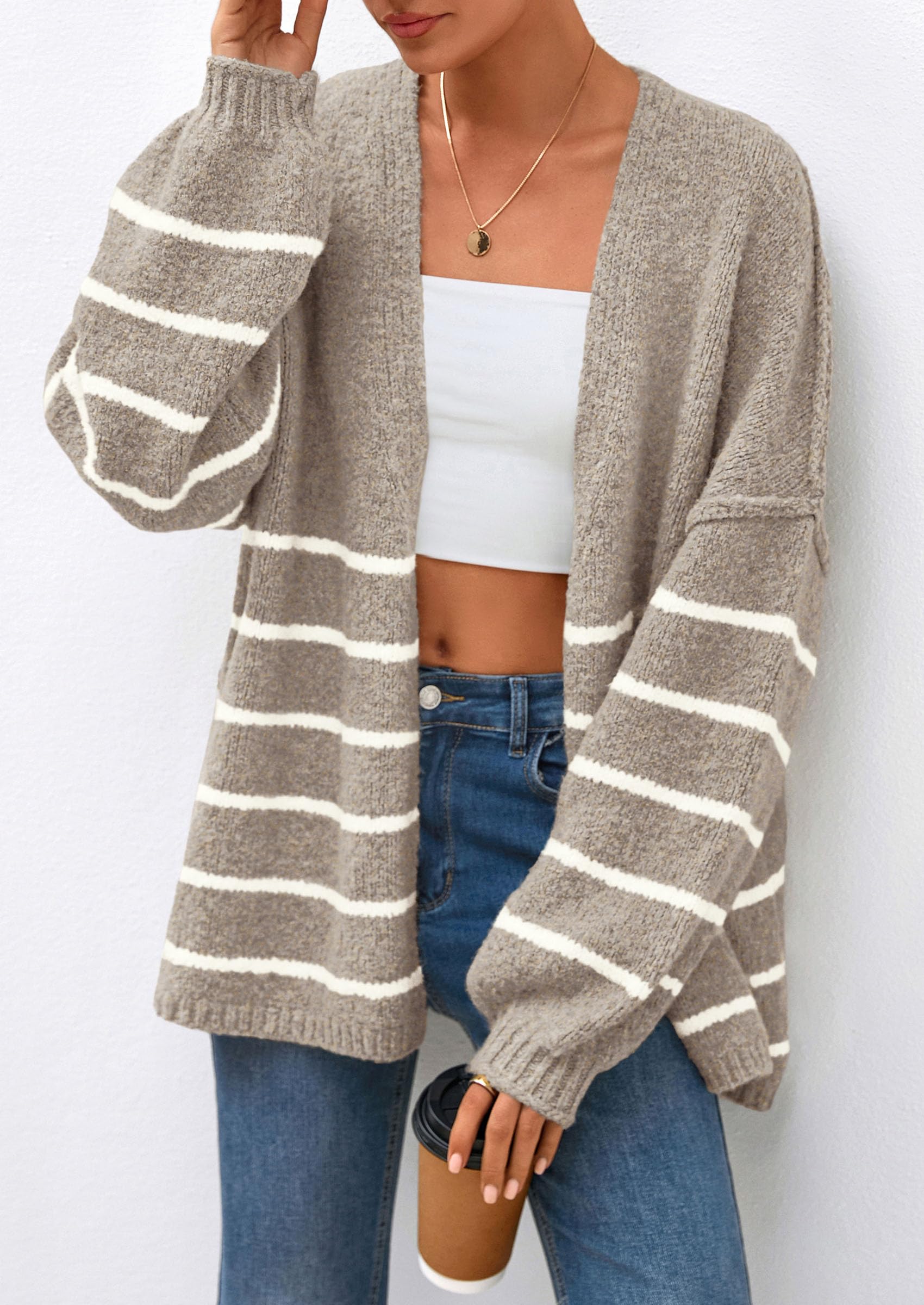 Maple Lumi Womens Oversized Cardigan Sweaters Fall Long Lantern Sleeve Knit Open Front Lightweight Sweater