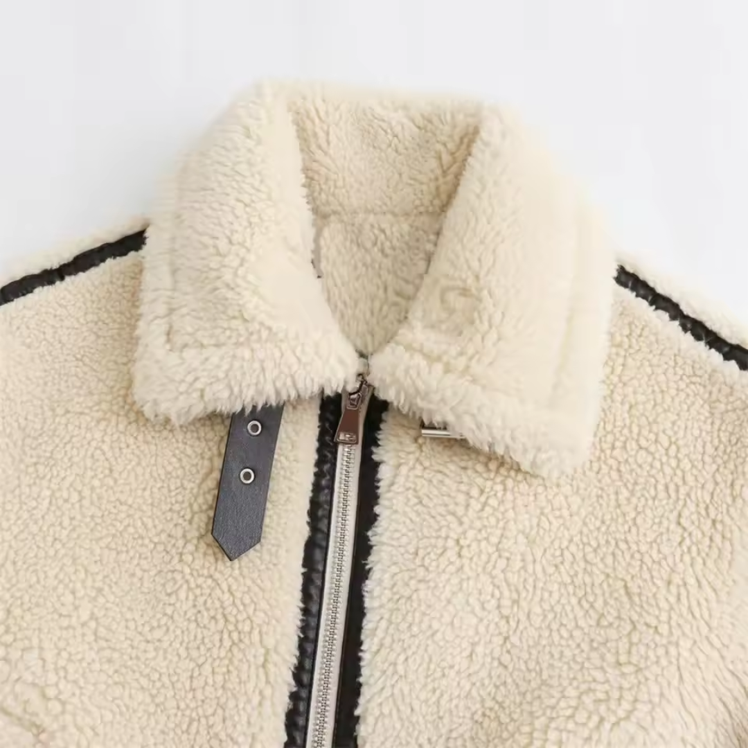 Faux Shearling Jacket | Contrast Trim | Zip Closure