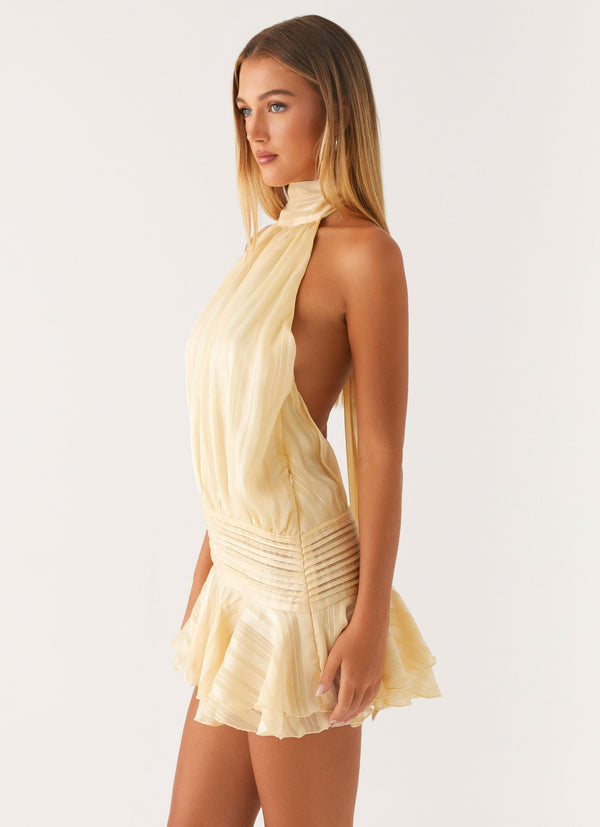 Halter Neck Mini Dress | Pleated Chiffon | Ruffle Hem | Backless