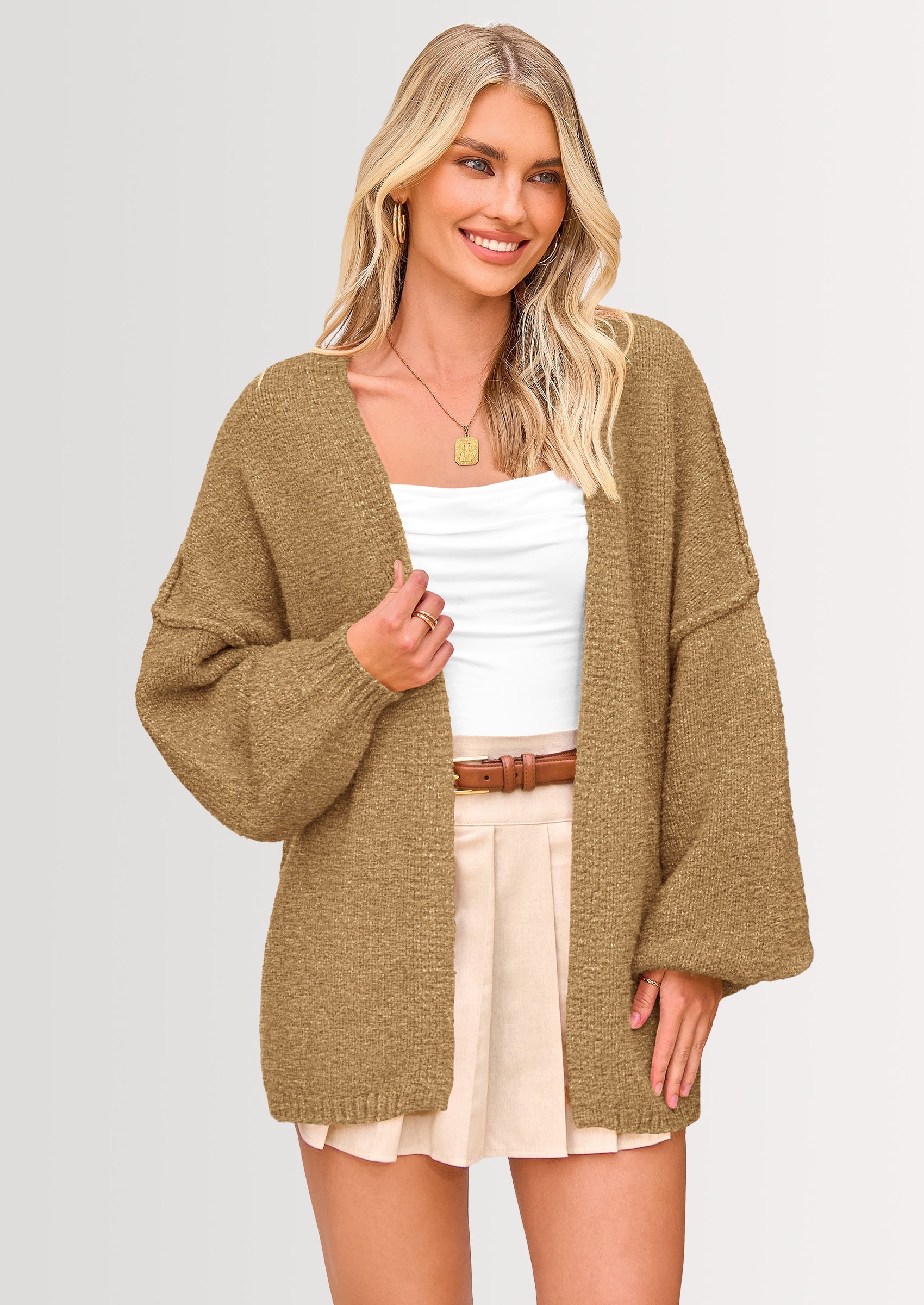 Maple Lumi Womens Oversized Cardigan Sweaters Fall Long Lantern Sleeve Knit Open Front Lightweight Sweater