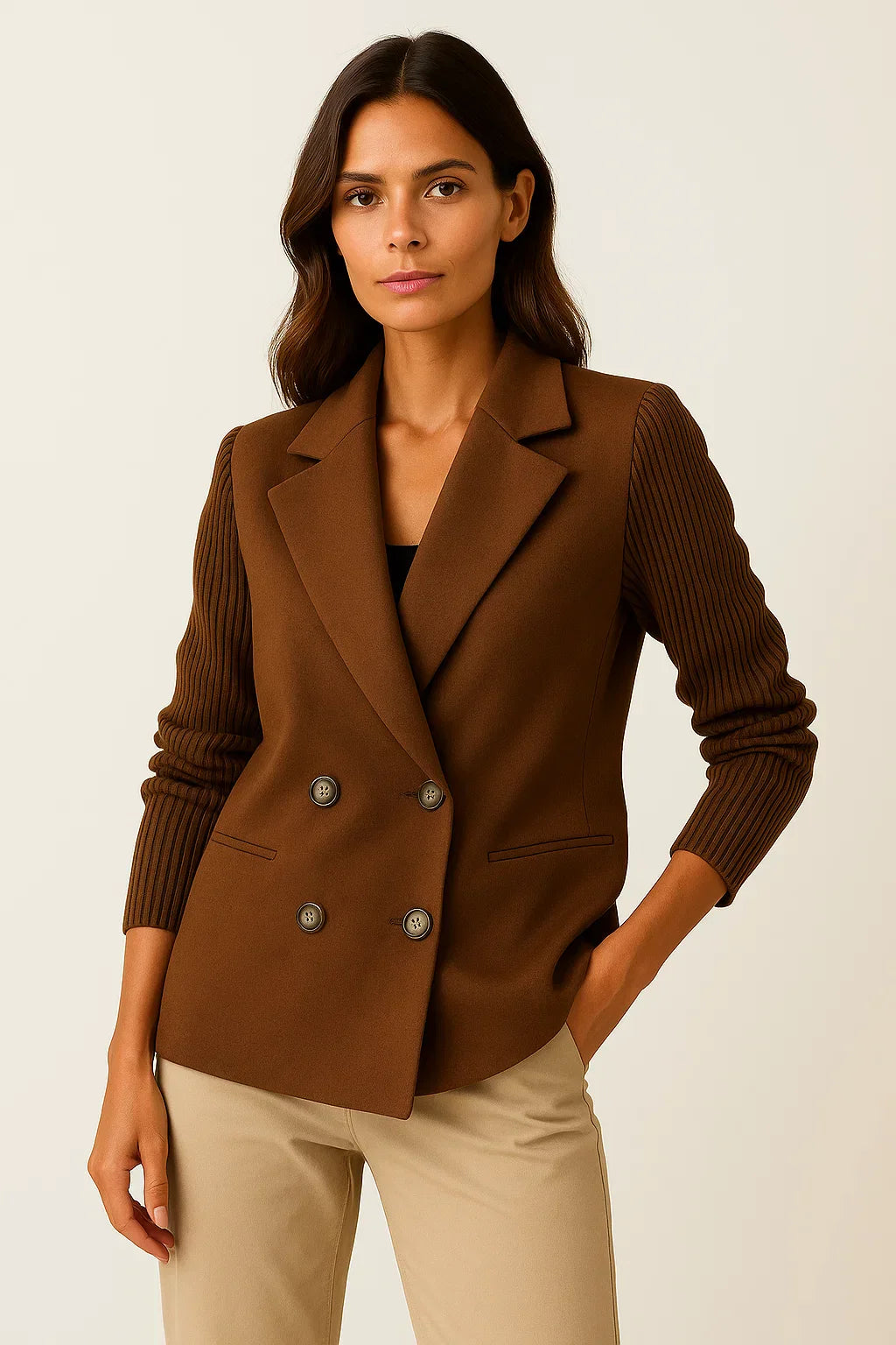 Atelier Knit-Sleeve Blazer | Double-Breasted Wool Blend