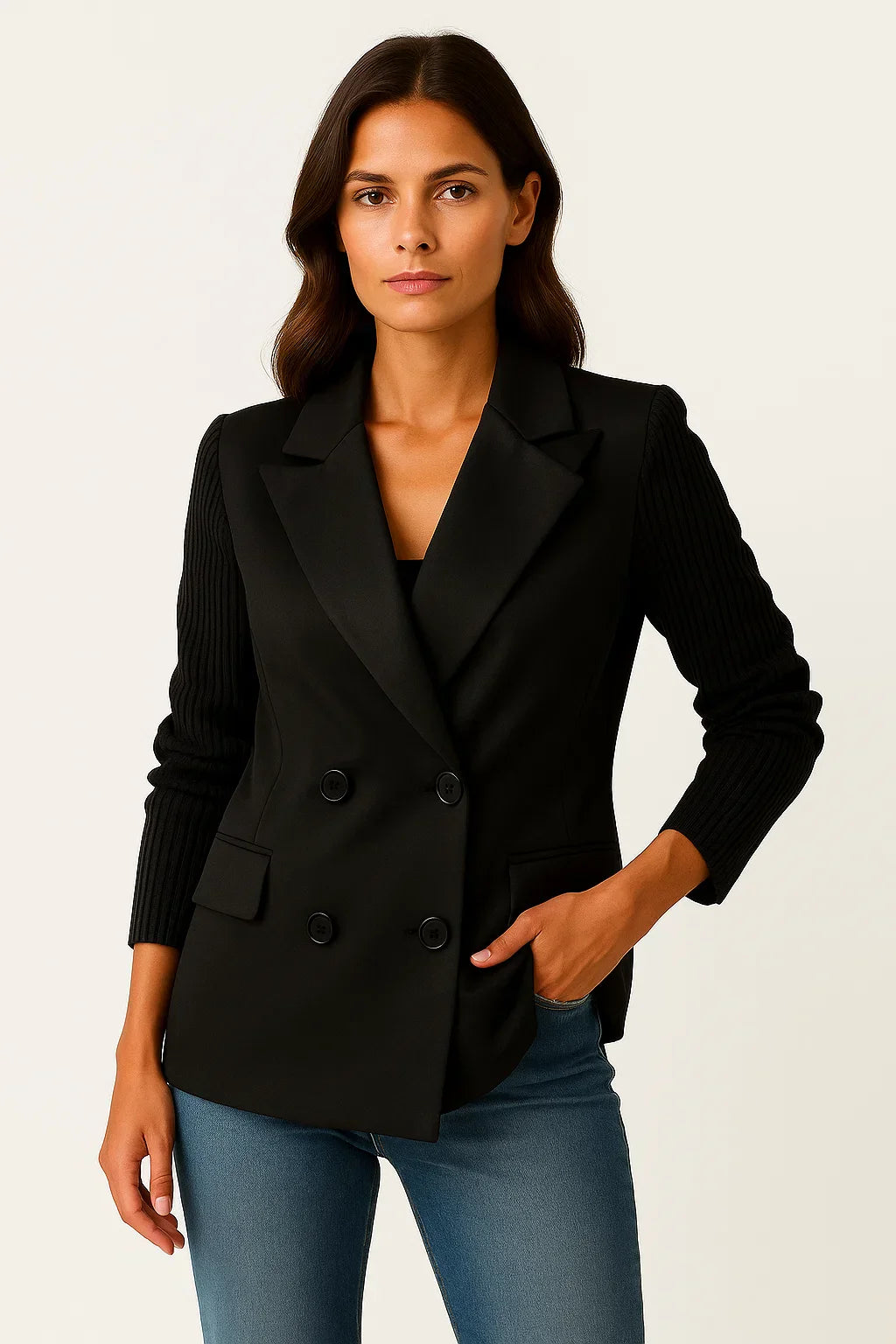 Atelier Knit-Sleeve Blazer | Double-Breasted Wool Blend
