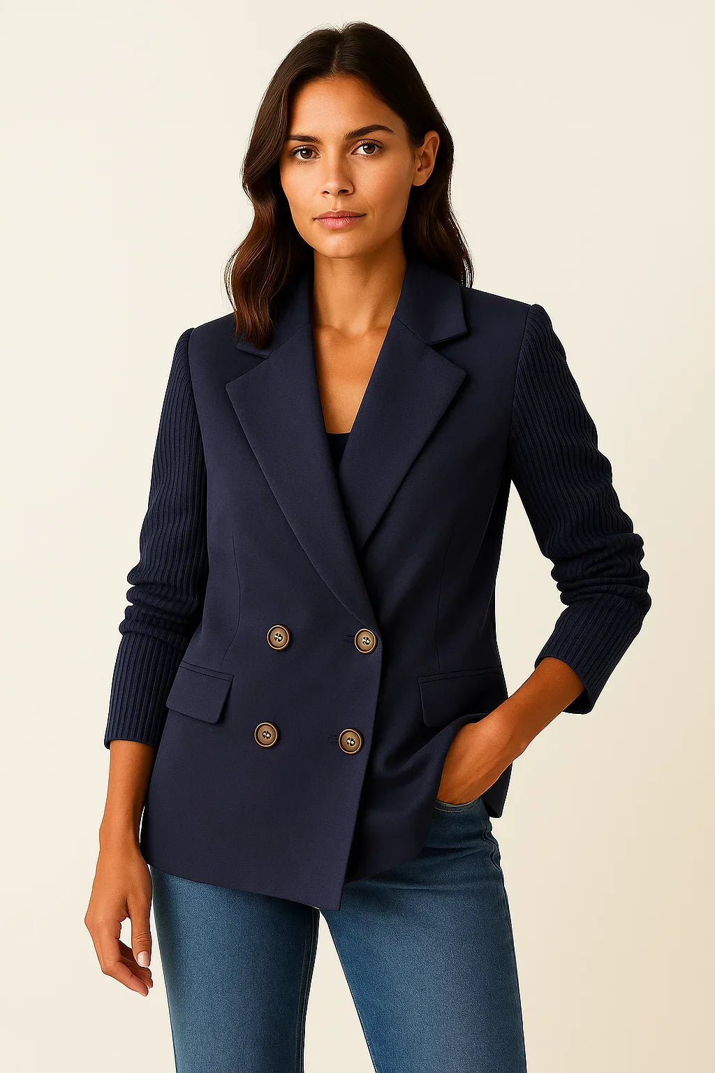Atelier Knit-Sleeve Blazer | Double-Breasted Wool Blend