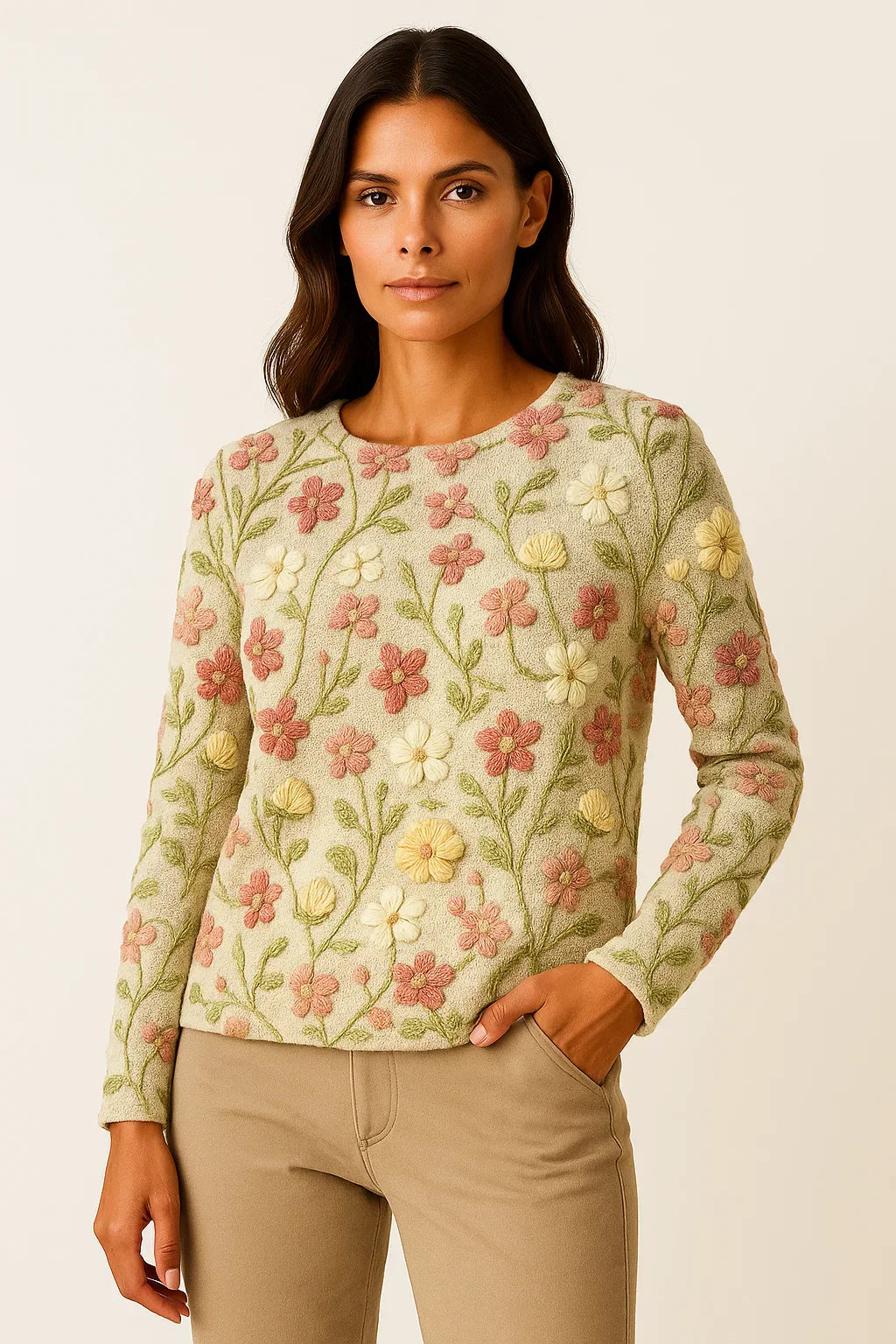 Floral Embroidered Sweater | Soft Knit | Crew Neck