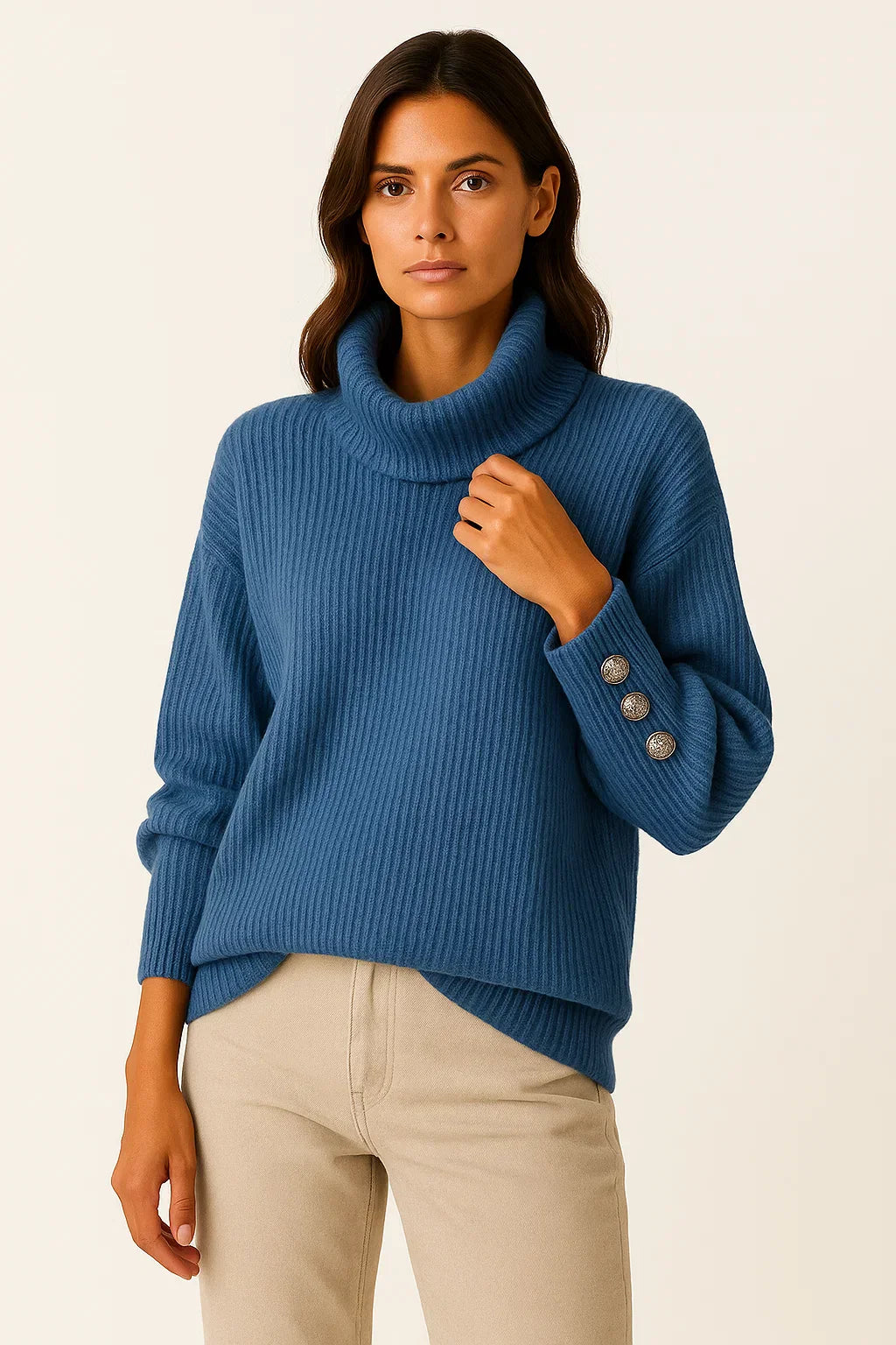 Ribbed Turtleneck Sweater | Button Cuff Detail | Relaxed Fit