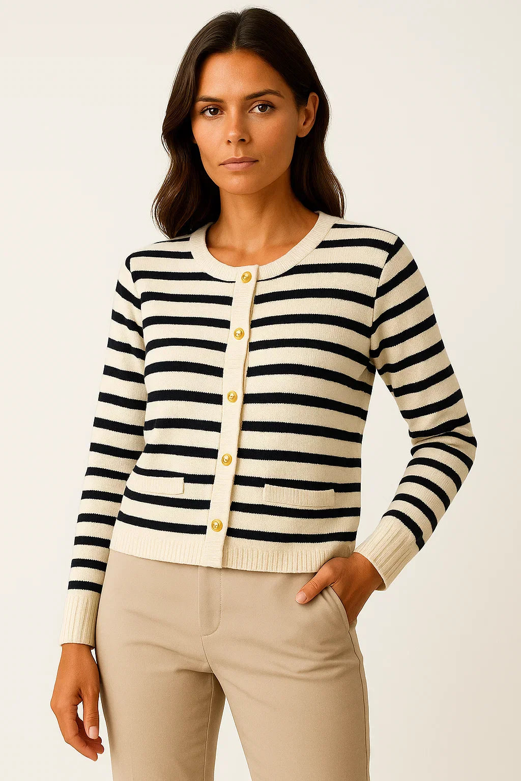 Striped Button Cardigan | Soft Knit | Gold Accent Detailing