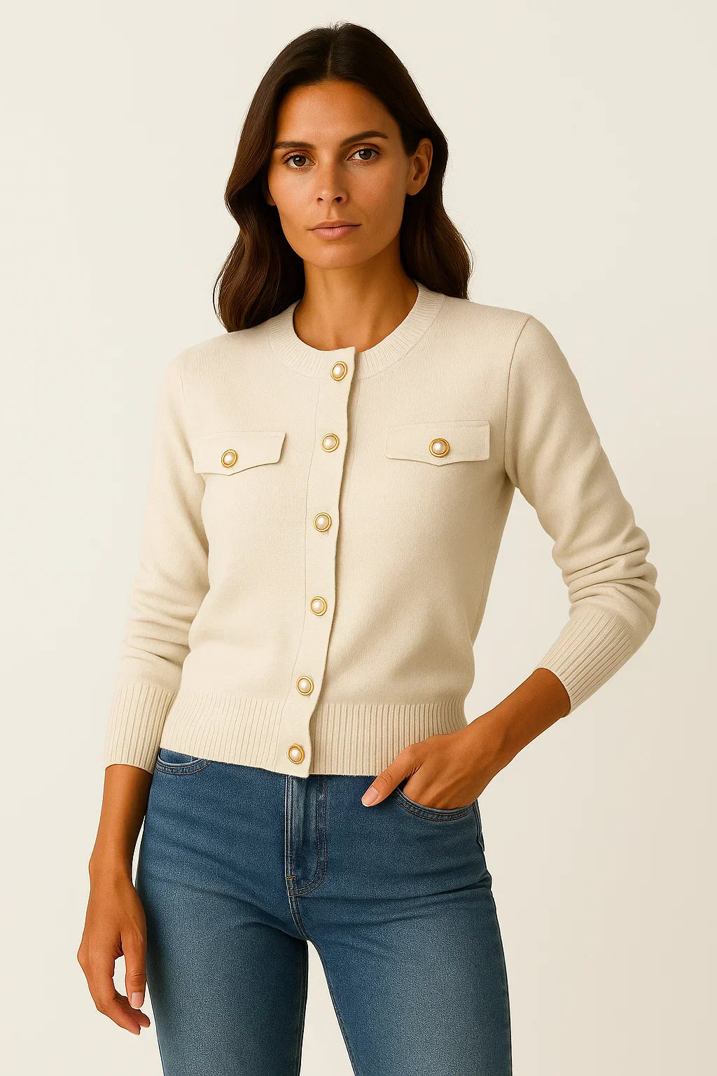 Women’s Wool-Cotton Cardigan | Pearl Button Knit | Regular Fit