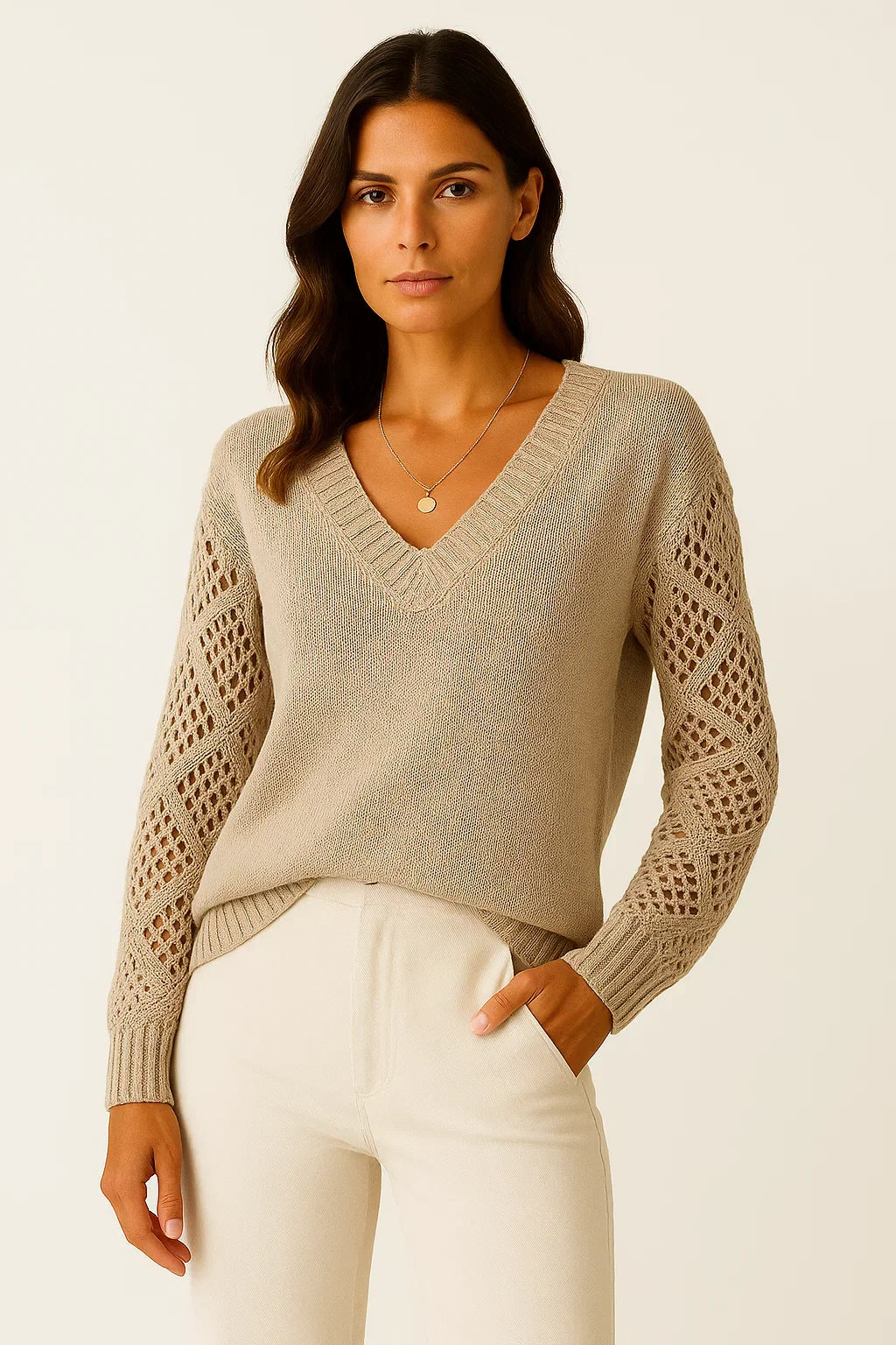 Aurora Open-Knit V-Neck Sweater | Lightweight Cotton Blend | Relaxed Fit
