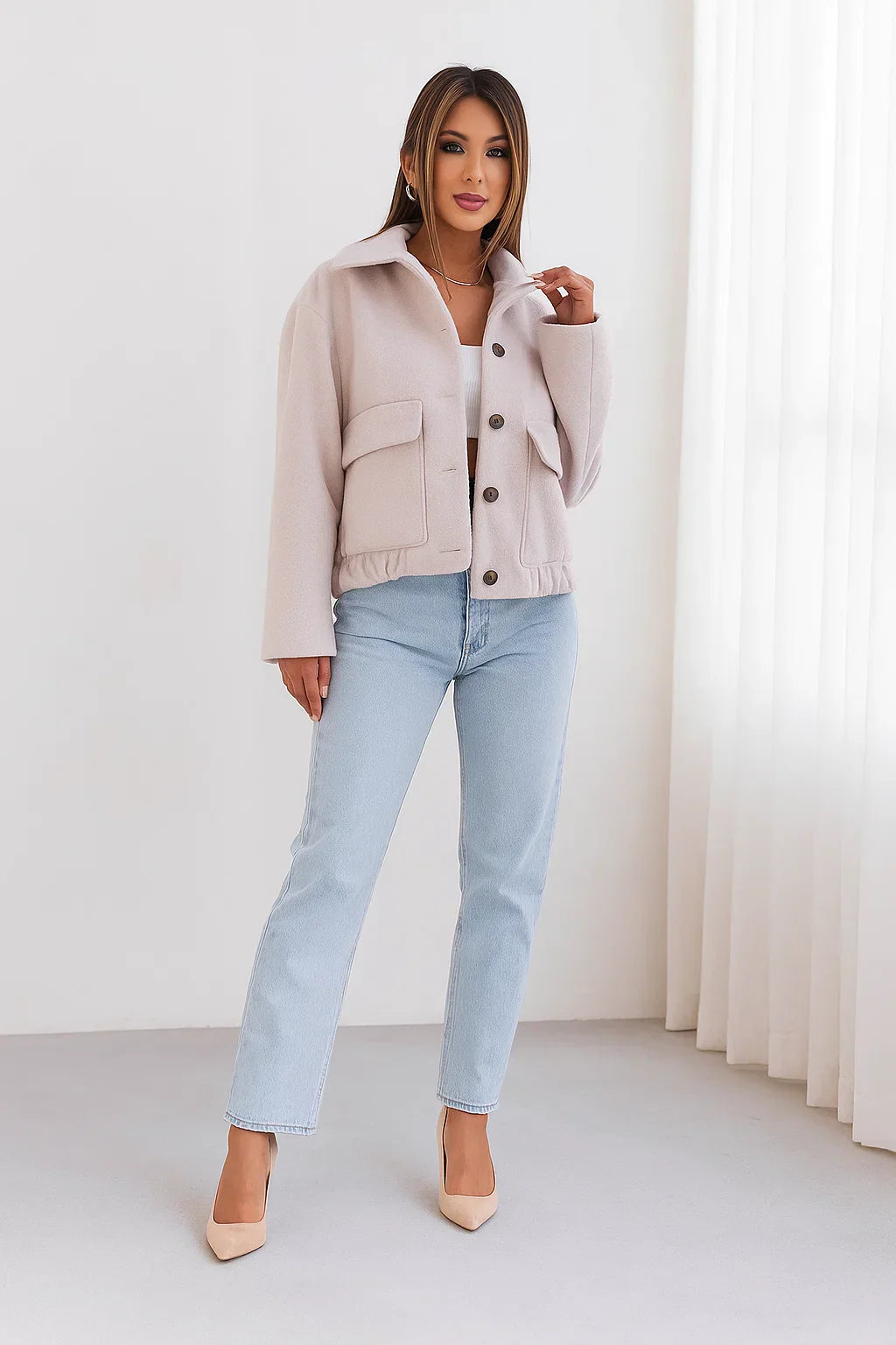 Wool Blend Cropped Jacket | Elastic Hem | Single Breasted