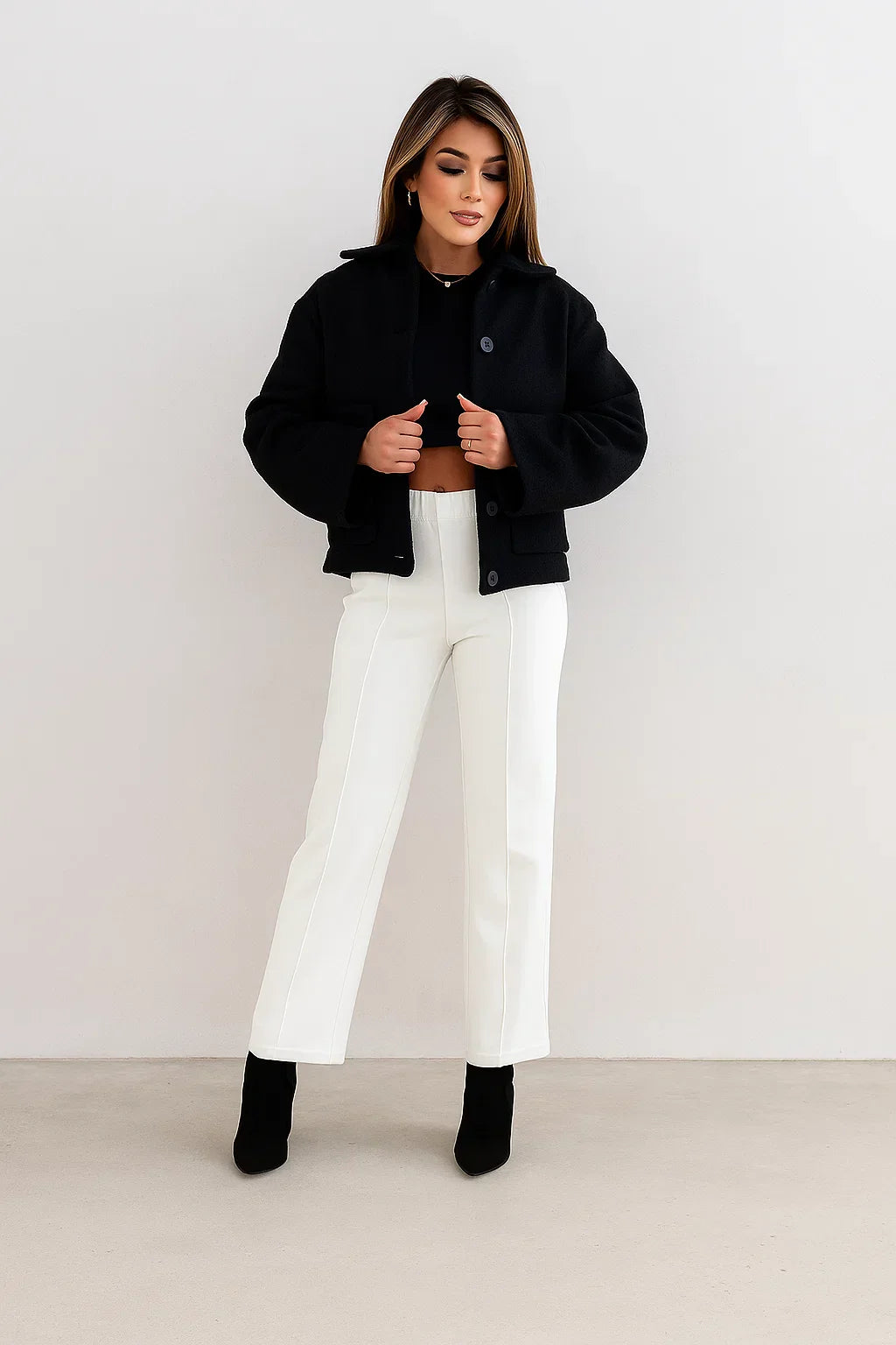 Wool Blend Cropped Jacket | Elastic Hem | Single Breasted