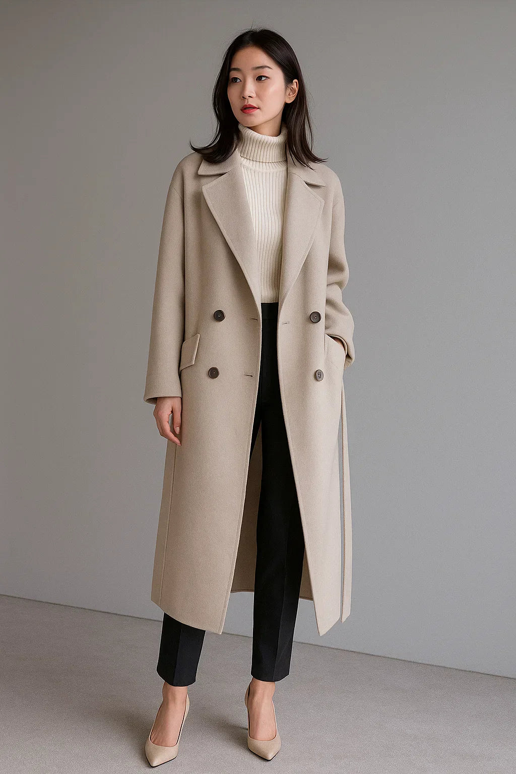 Wool Blend Long Coat | Oversized Fit | Belted Winter Design