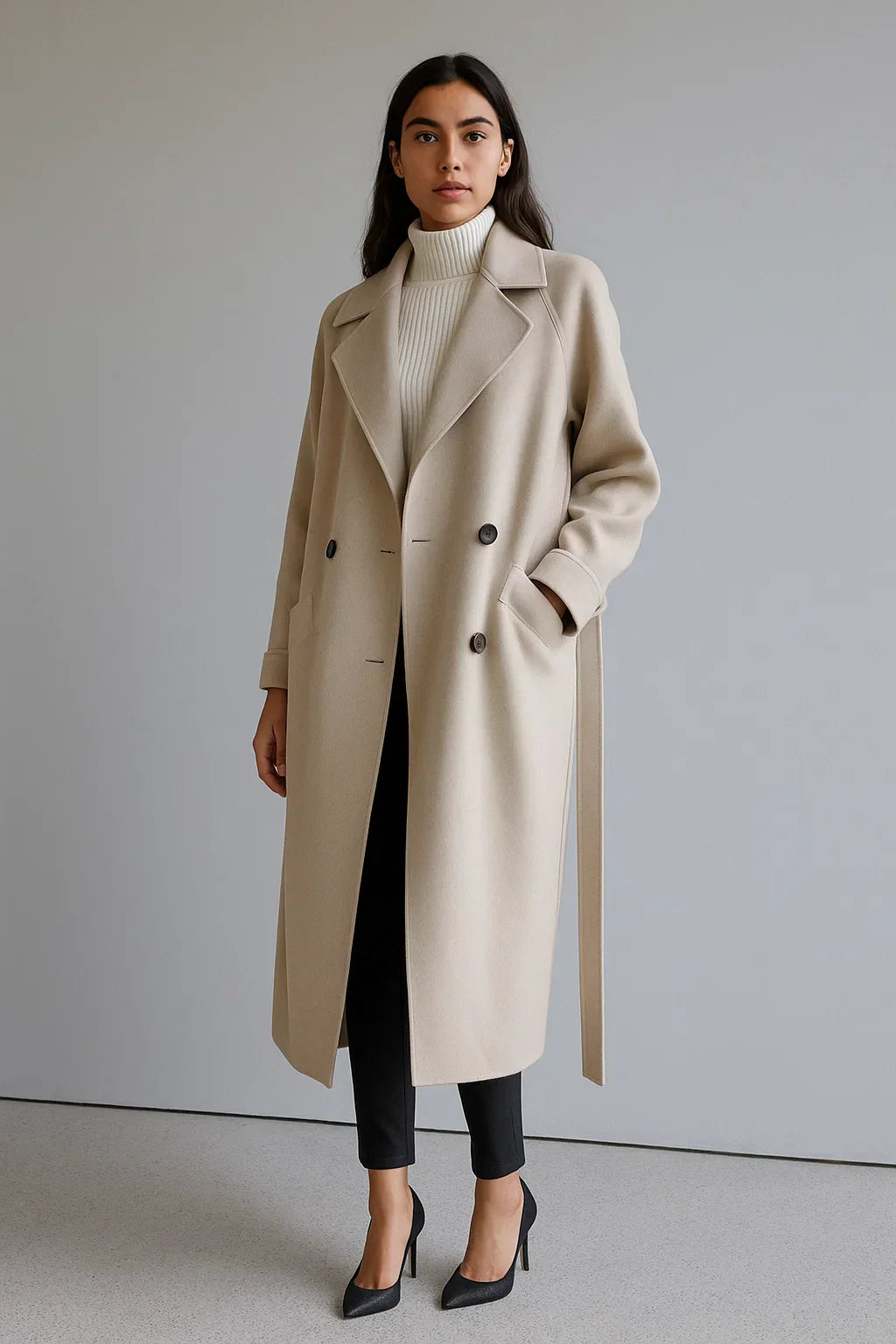 Wool Blend Long Coat | Oversized Fit | Belted Winter Design