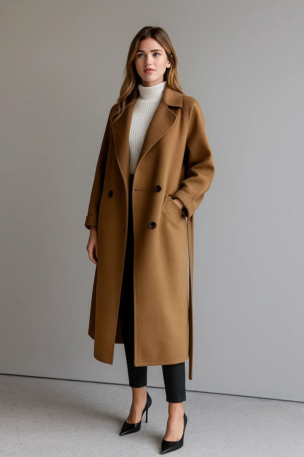 Wool Blend Long Coat | Oversized Fit | Belted Winter Design