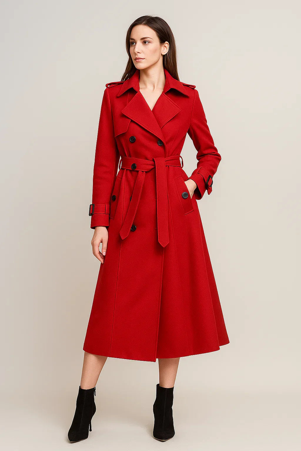 Maison Long Trench Coat | Belted A-Line Silhouette | Classic Mid-Season Design