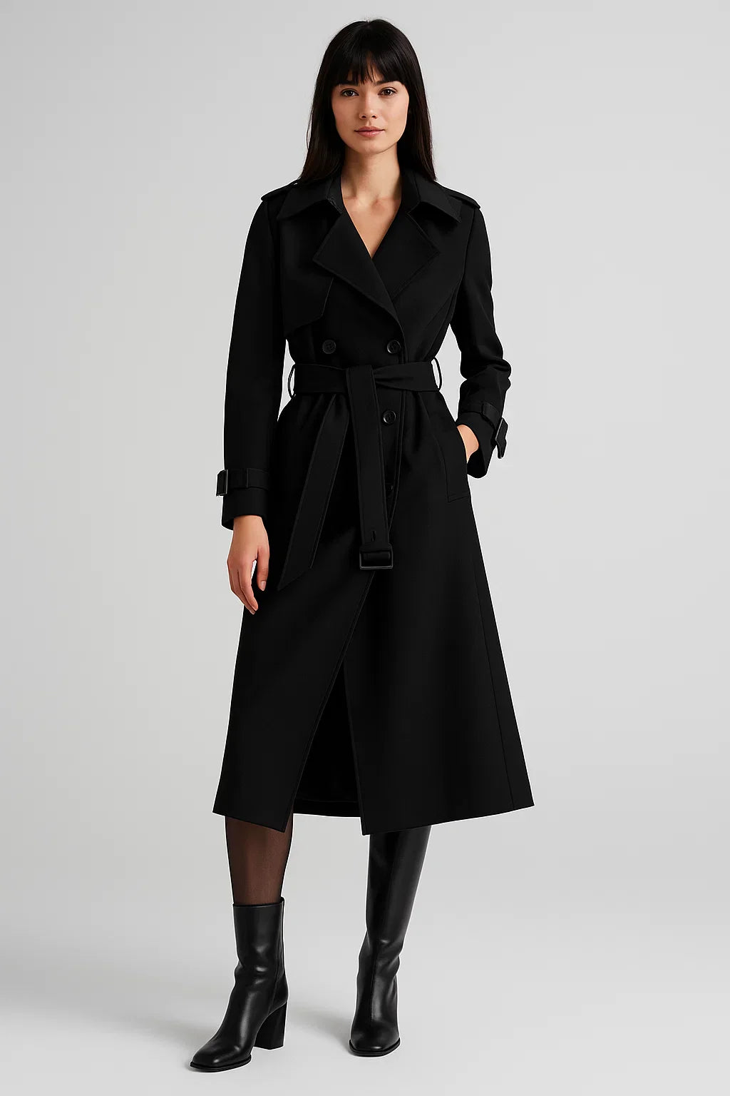 Maison Long Trench Coat | Belted A-Line Silhouette | Classic Mid-Season Design