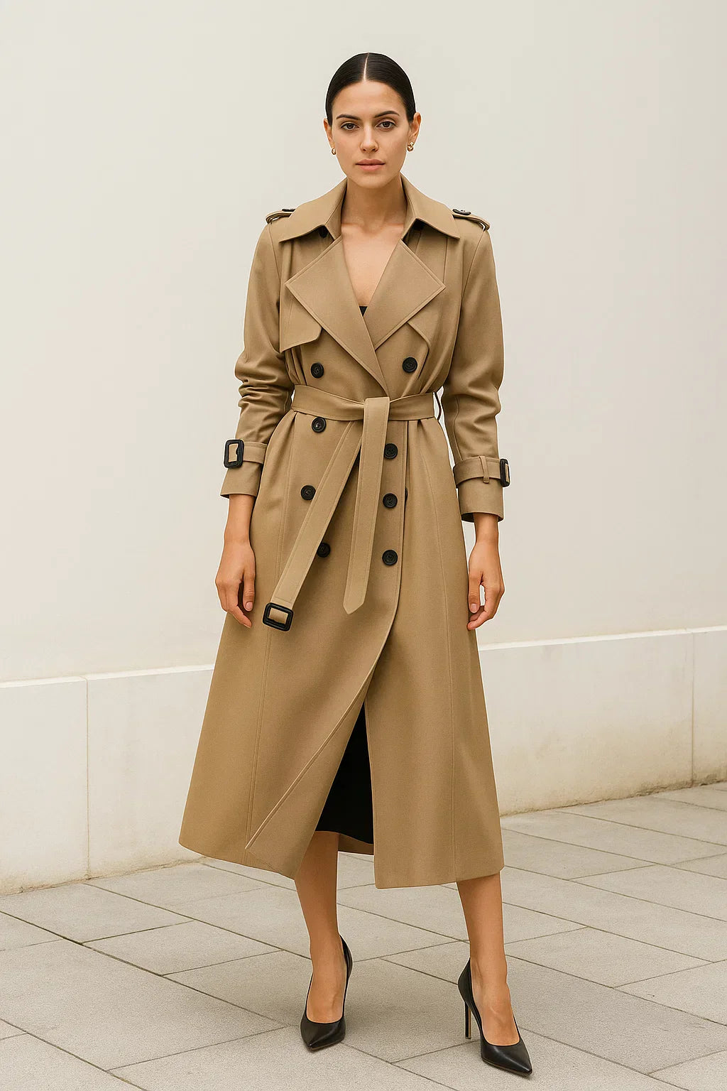 Maison Long Trench Coat | Belted A-Line Silhouette | Classic Mid-Season Design