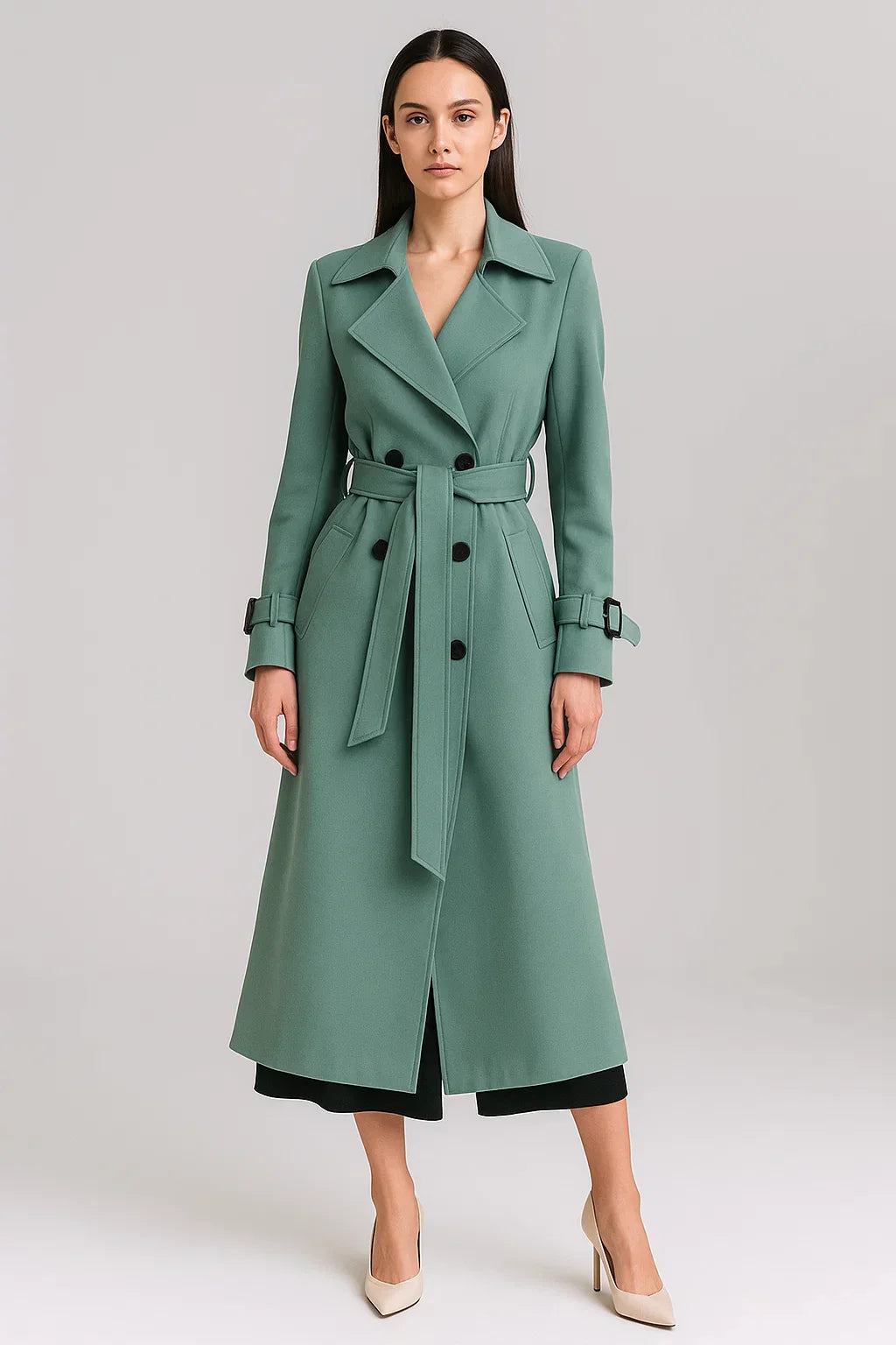 Maison Long Trench Coat | Belted A-Line Silhouette | Classic Mid-Season Design