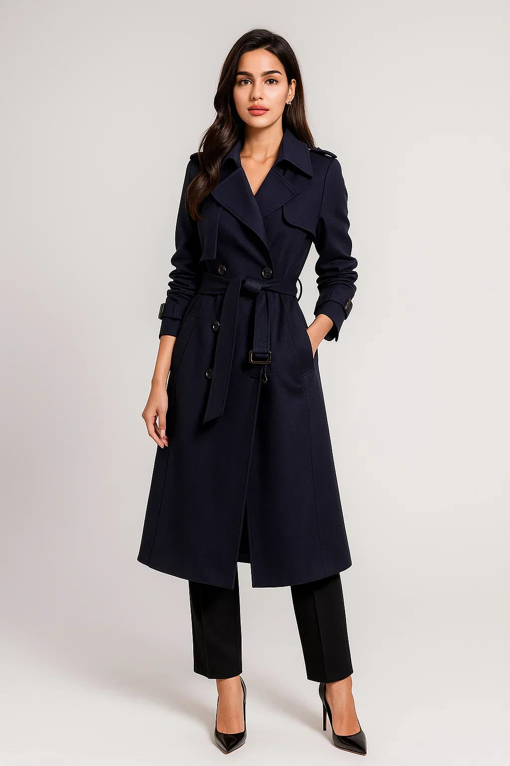 Maison Long Trench Coat | Belted A-Line Silhouette | Classic Mid-Season Design