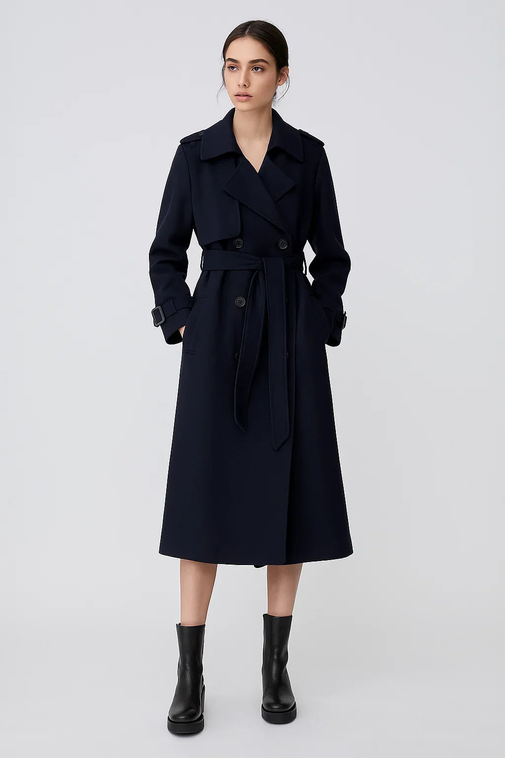 Maison Long Trench Coat | Belted A-Line Silhouette | Classic Mid-Season Design