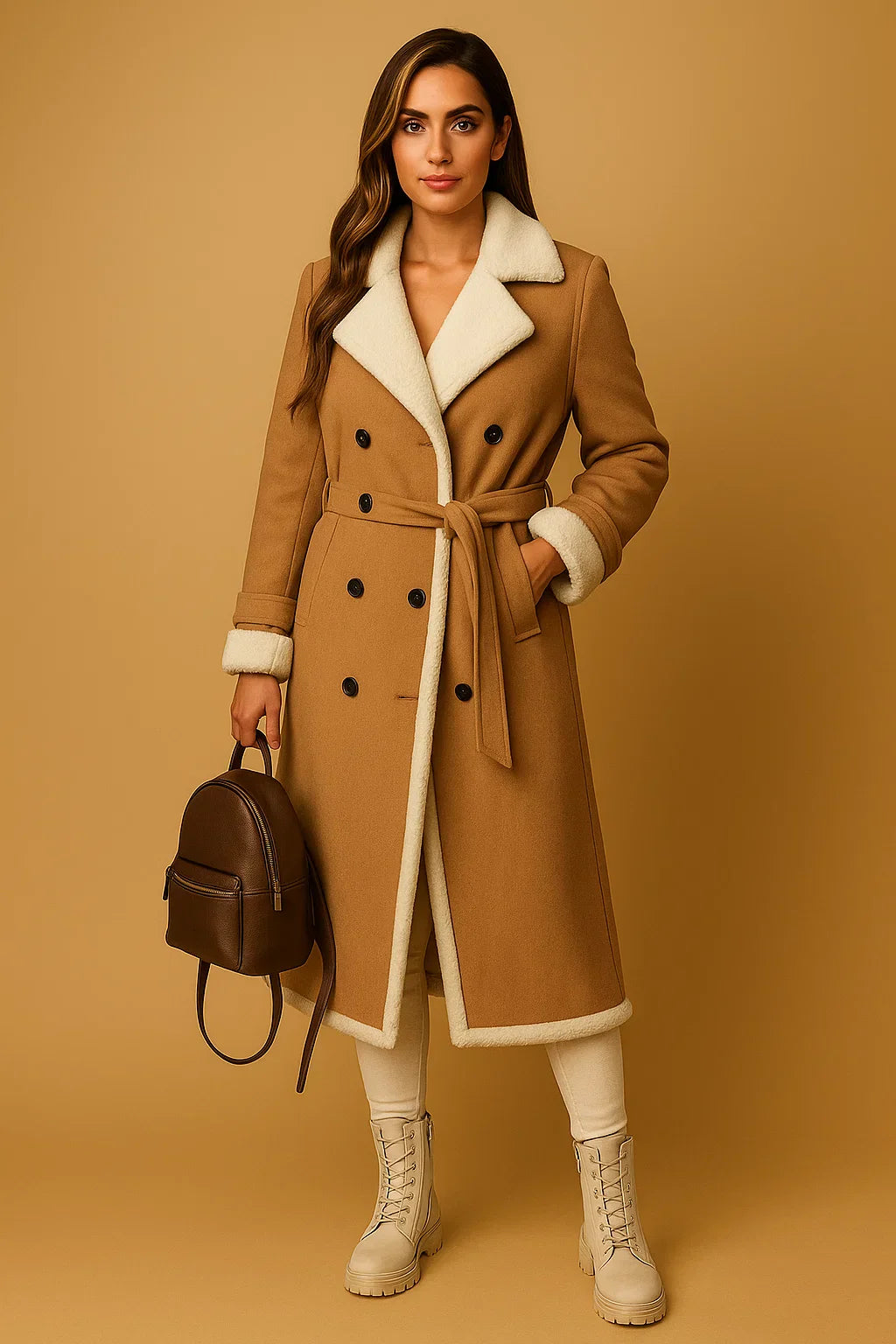 Wool Blend Double Breasted Coat | Shearling Collar | Winter Outerwear