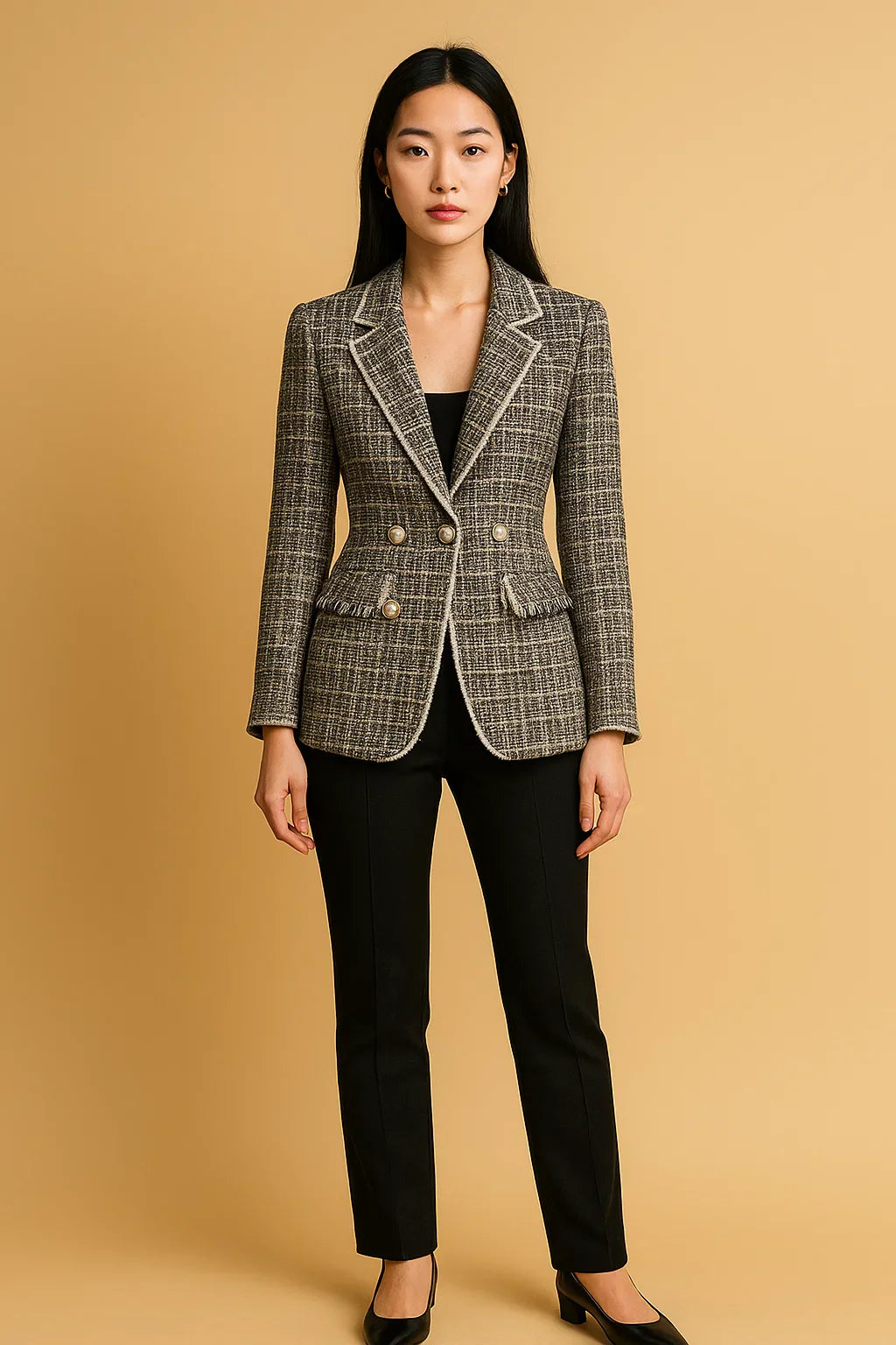 Double-Breasted Tweed Blazer | Pearl Buttons | Structured Fit
