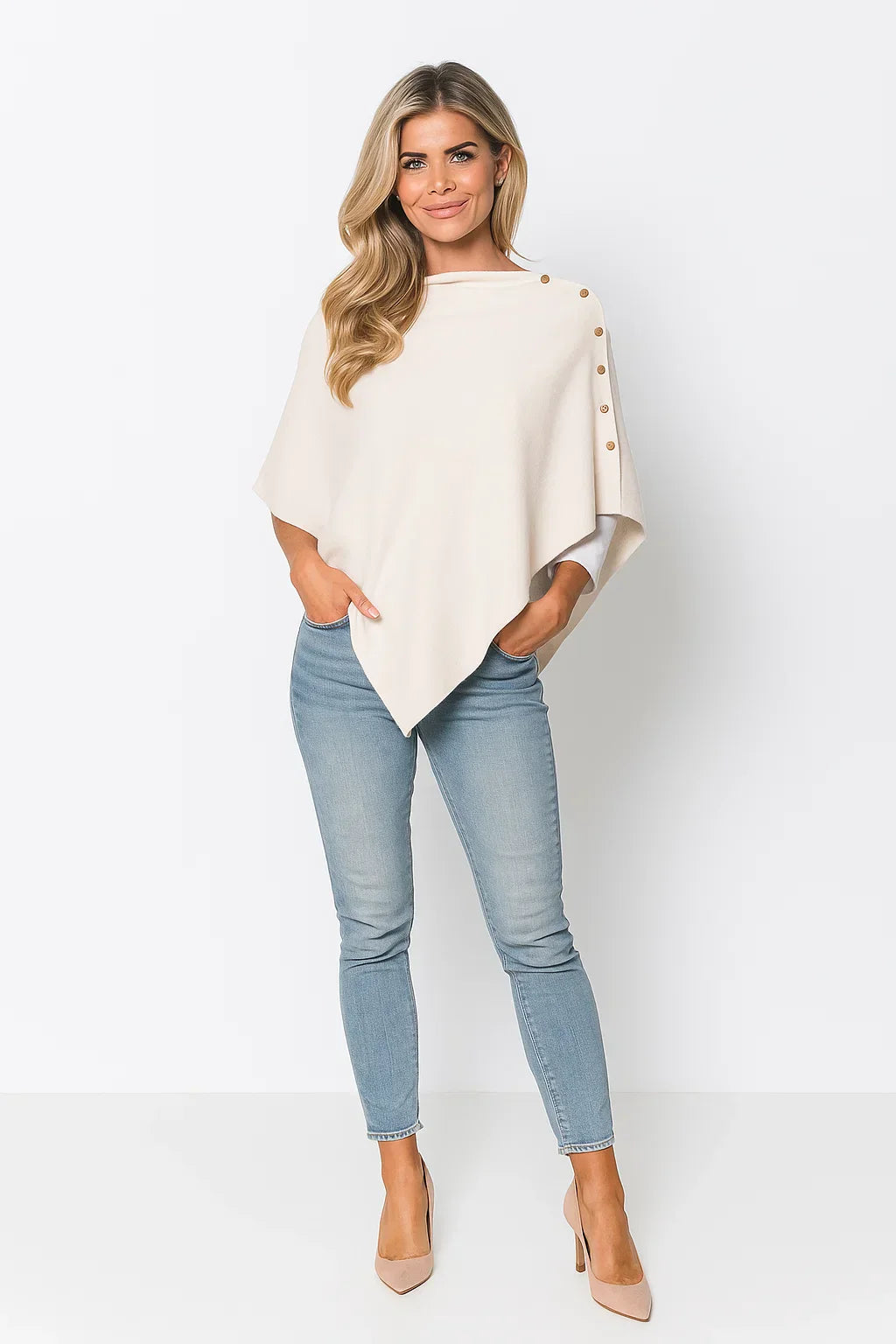 Asymmetric Knit Poncho | Gold Shoulder Buttons