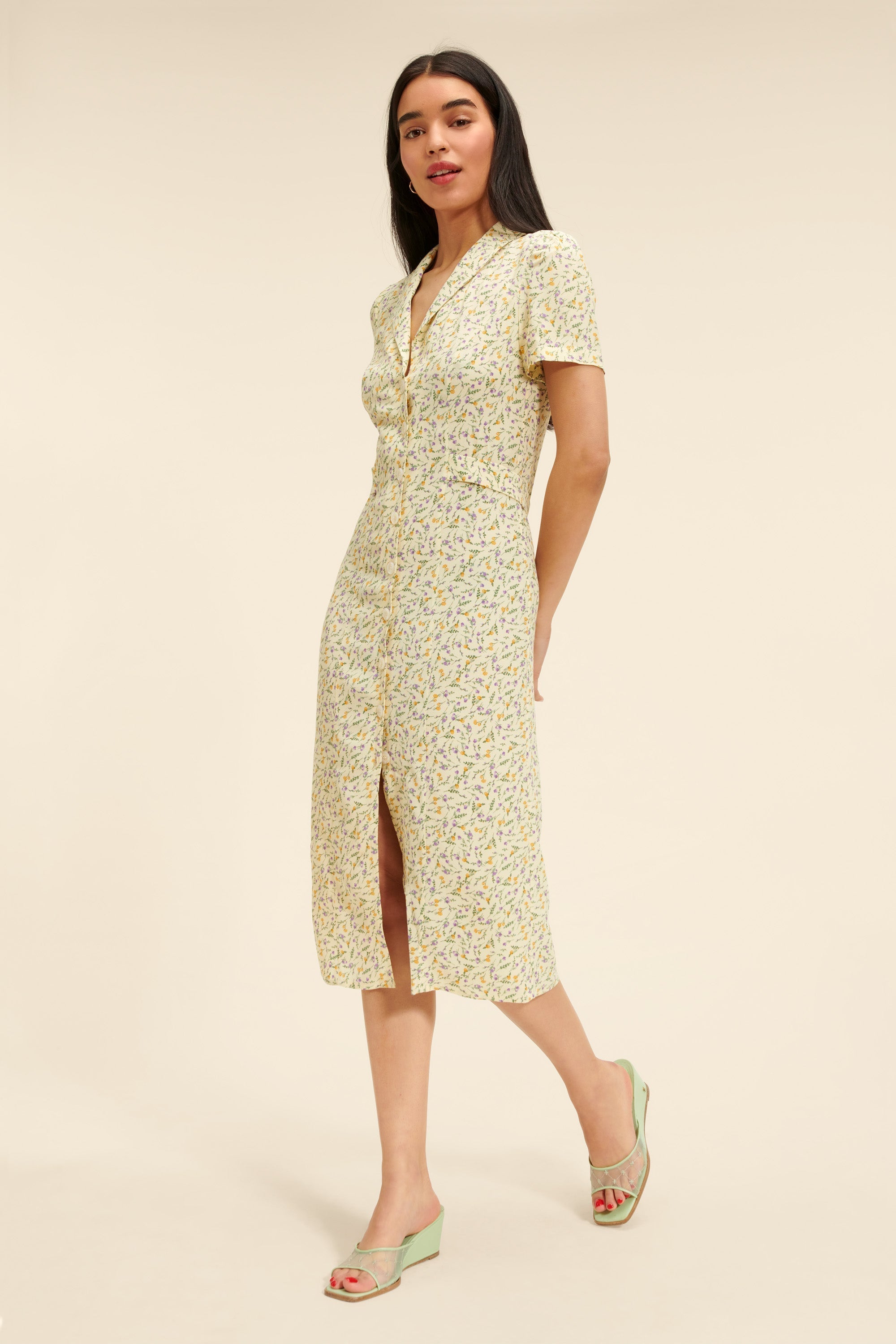 Silk-Blend Floral Midi Dress | Button Front | Short Sleeves
