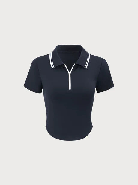 Contrast Collar Polo Top | Short Sleeve Zip Front